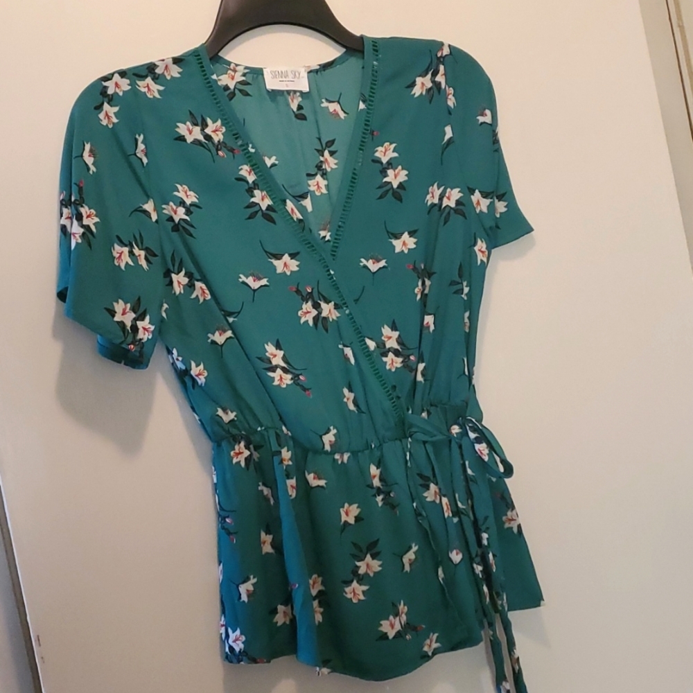 Green floral faux wrap top